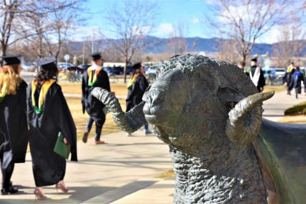 Cam the Ram statue with graduates walking behind