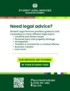 Need legal advice? Student Legal Services provides guidance and counseling on many different legal topics: • Landlord and tenant issues • Personal injury and property damage • Immigration • Ticketed or arrested for a criminal offense • Business creation • and more!