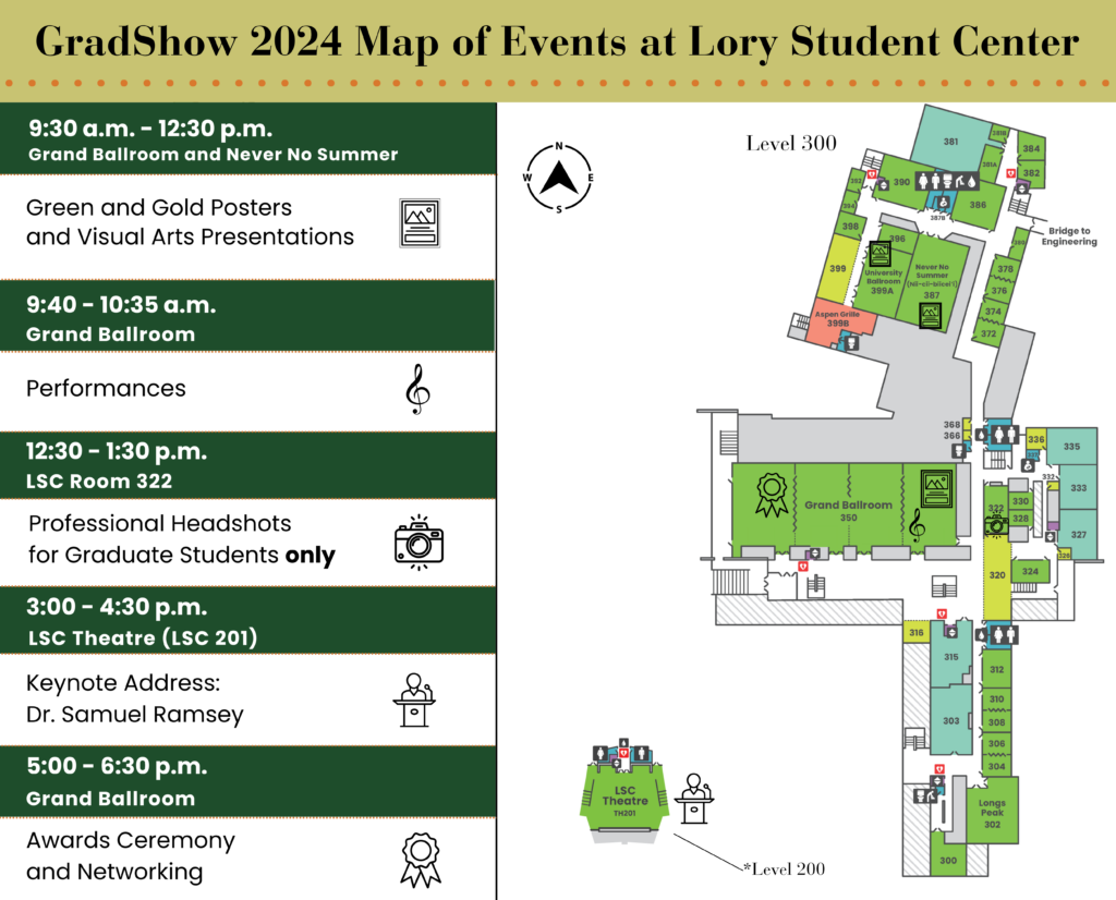 GradShow 2024 Map of Events at the Lory Student Center. 9:30 - 12:30 p.m. in the Grand Ballroom and Never No Summer rooms - Green and gold poster and visual arts presentations. 9:40-10:35 a.m. in the Grand Ballroom - performances. 12:30-1:30 p.m. in the LSC Room 322 -Professional headshots for graduate students only. 3:00-4:30 pm in the LSC Theatre: Keynote Address 5-6:30 p.m. in the Grand Ballroom - awards ceremony and networking.