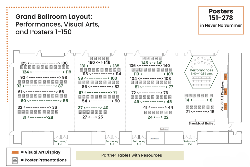 Map of grand ballroom contains posters 1-150, visual arts posters, performances, and a breakfast buffet.